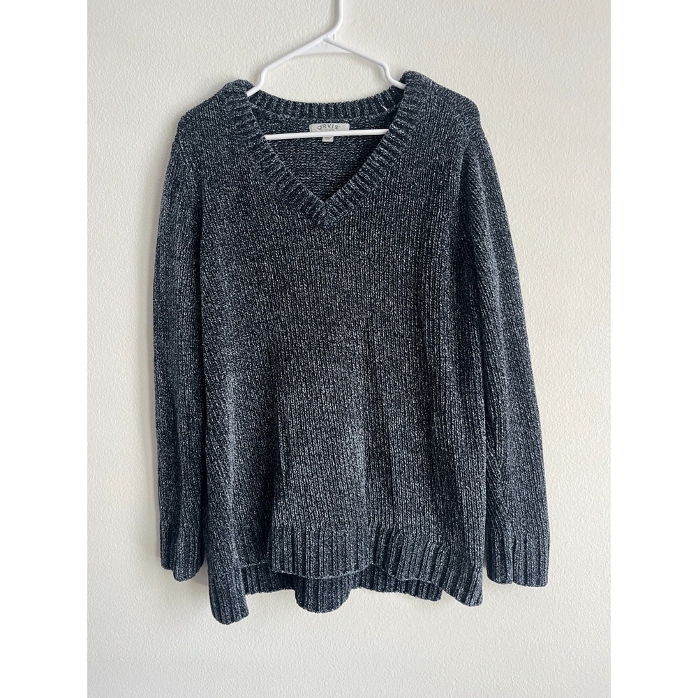 Orvis Sweater Womens Large Gray Chenille Tight Knit Ribbed V Neck Winter Wear